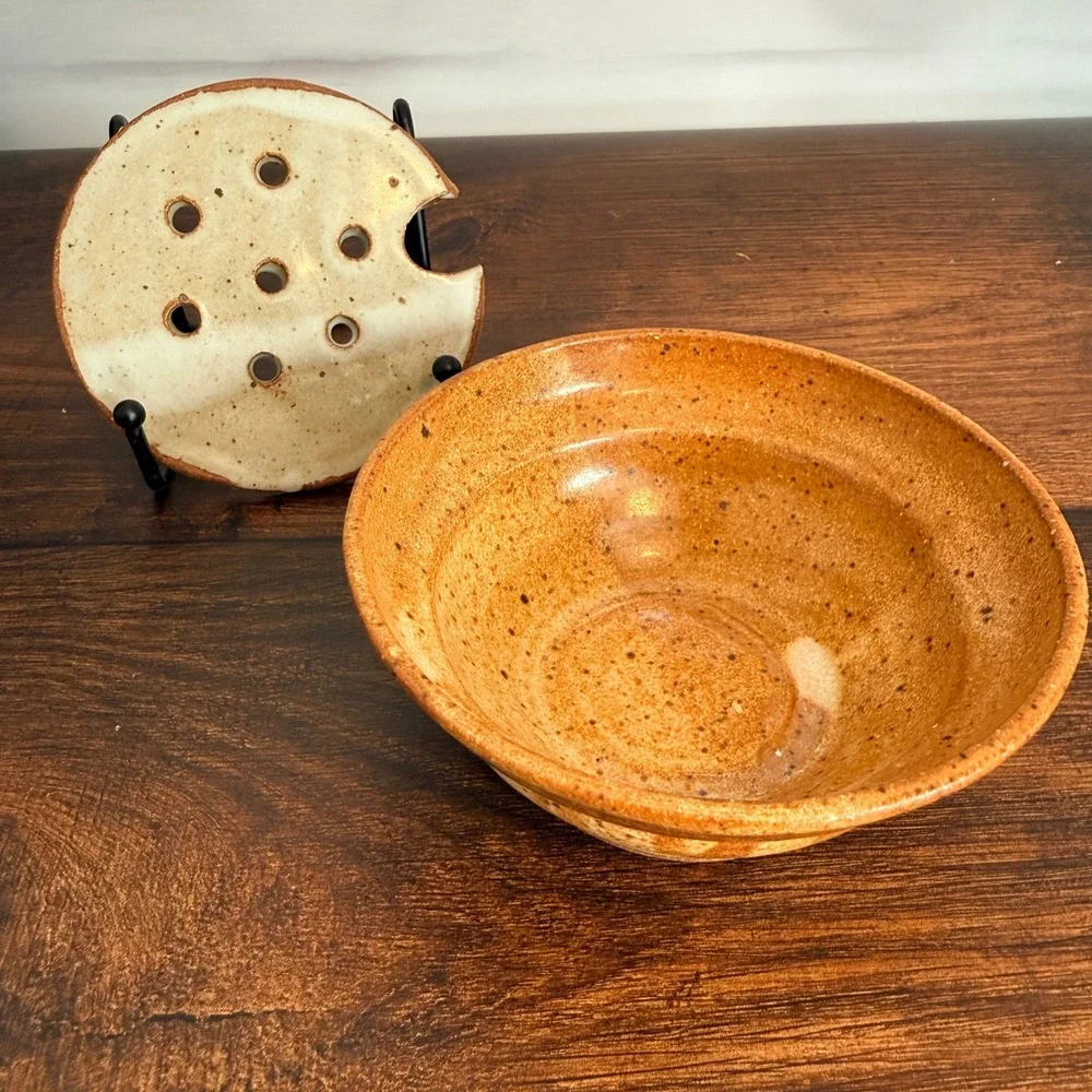 Studio Pottery Stoneware Soap Dish Removable Draining Insert Speckled Glaze